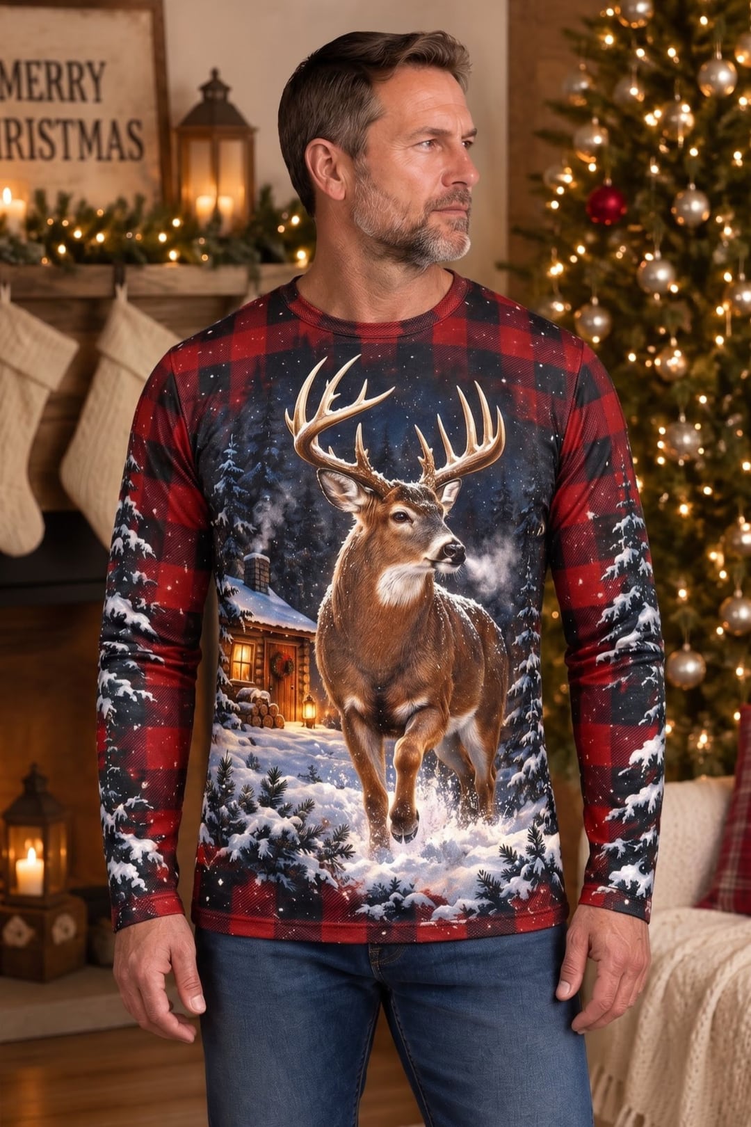 Performance Hunting Long Sleeve - Christmas Cabin Whitetail Trot - ULS771K image 2
