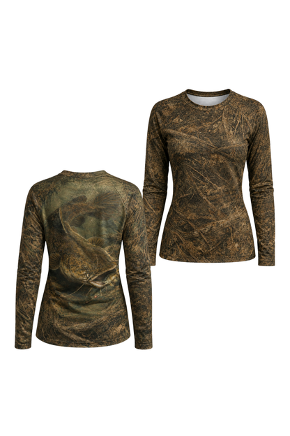 Women’s Slightly Fitted Fishing Long Sleeve - Stillwater Catfish - AOW01 two shirts front artwork
