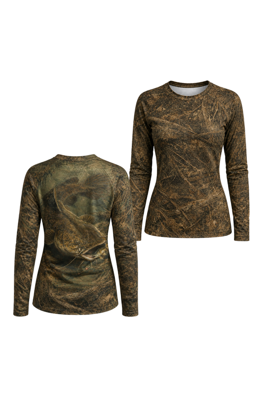 Women’s Slightly Fitted Fishing Long Sleeve - Stillwater Catfish - AOW01 two shirts front artwork