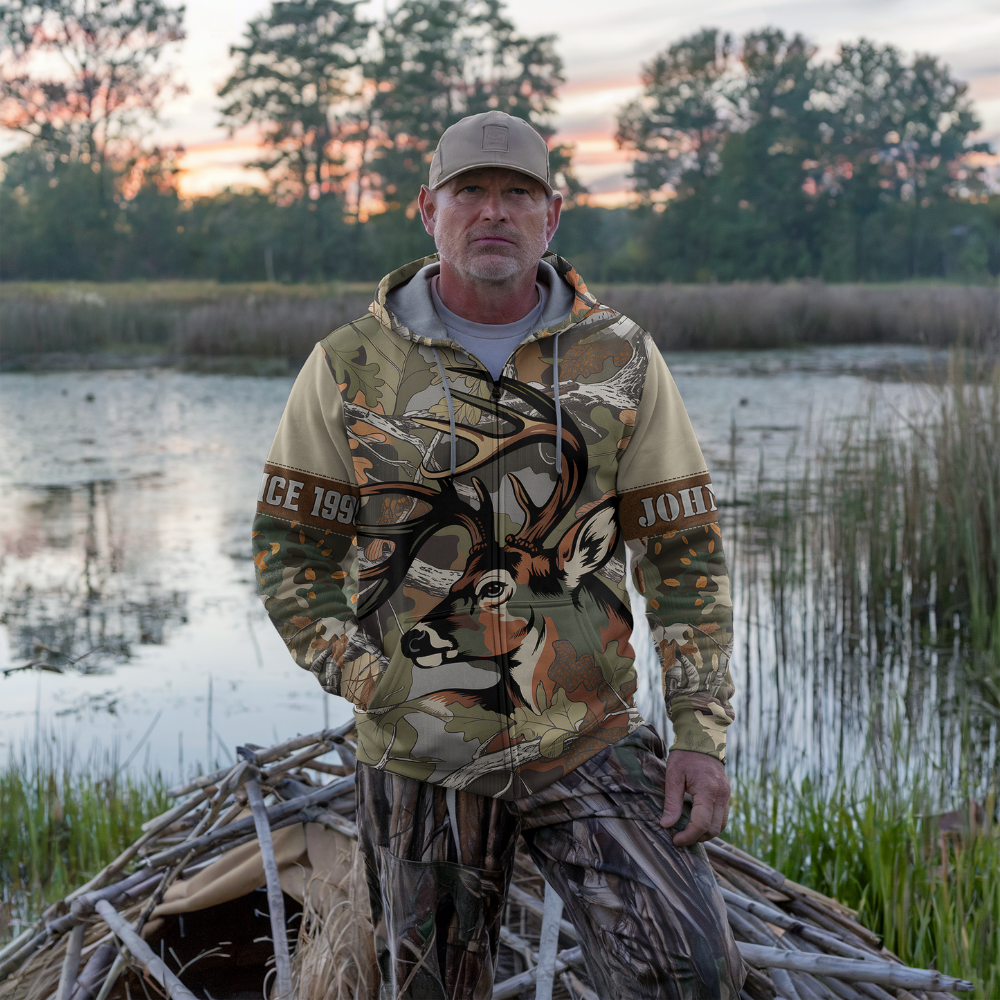 Autumn Buck Camo Personalized Zip Hoodie