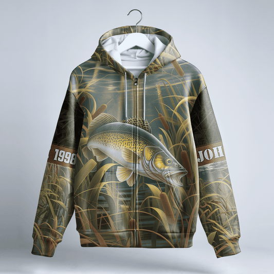 Walleye Marsh Hunter Personalized Zip Hoodie