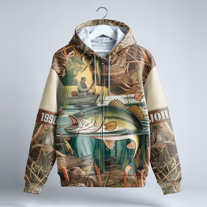 Vintage Bass Fishing Personalized Zip Hoodie